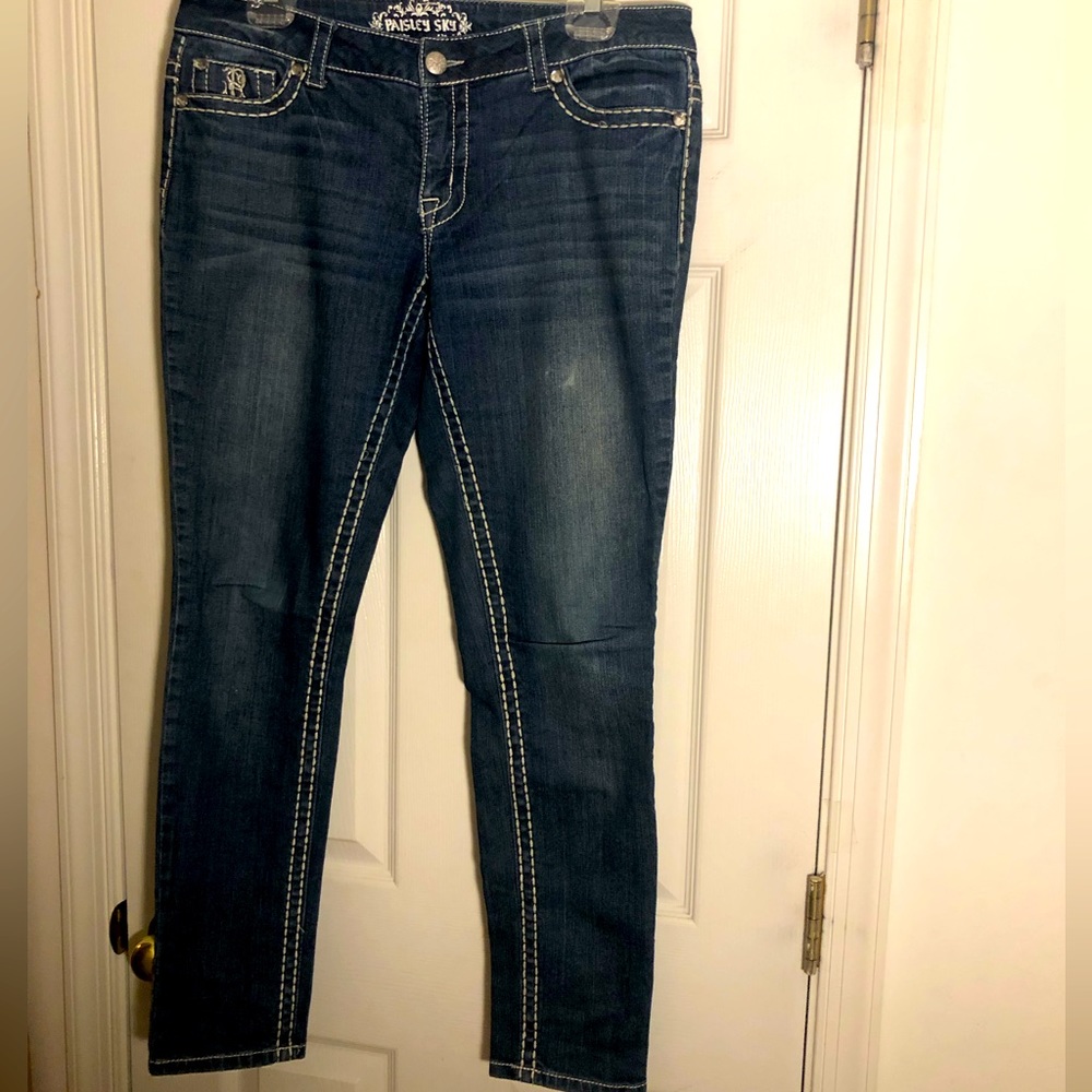 Baseball stitched rhinestone embellished denim jeans
